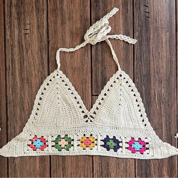 WoWo Crochet Knit Bralette Halter Granny Square Festival Tank Bra Large Top - Picture 8 of 8